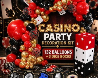 May include: Casino party decoration kit with 132 balloons and 3 dice boxes. The kit includes red, black, and gold balloons, playing cards, and dice-shaped boxes. Accessories include balloon strip, chain, tie tool, ribbon, and glue dots.
