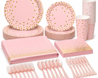 Pink & Gold Party Supplies Set: Plates, Cups, Tablecloth - Serves 20