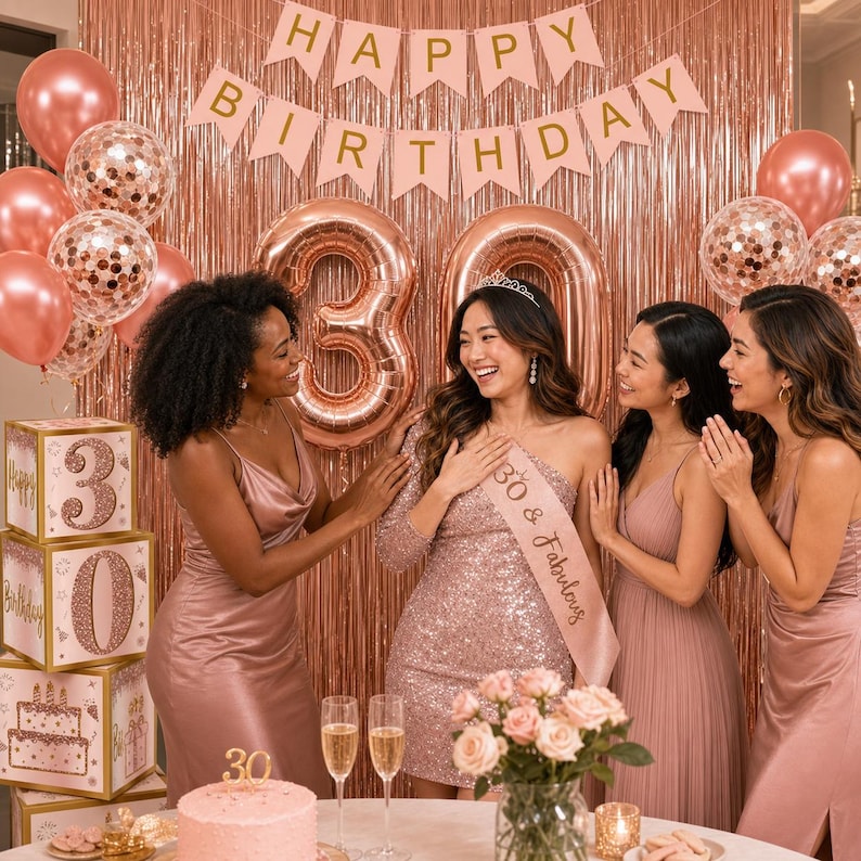 May include: A group of women celebrating a 30th birthday. The scene includes rose gold balloons, a banner that says "Happy Birthday", and a cake. The birthday girl wears a sash that says "30 & Fabulous".