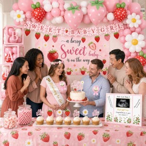 Peut inclure: Une sc&egrave;ne de baby shower avec des ballons roses et blancs, une banni&egrave;re avec l'inscription "Sweet Baby Girl" et une table avec un g&acirc;teau et des cupcakes. La banni&egrave;re dit "a berry Sweet baby is on the way". Un groupe de personnes est r&eacute;uni autour de la table.
