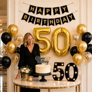 Black Gold 50th Birthday LED Number Sign | Happy Birthday Banner, Balloons, Cake Topper