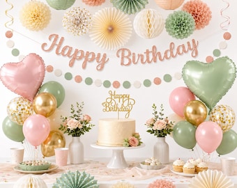 May include: A birthday party decoration set featuring a Happy Birthday glitter banner, paper fans, honeycomb balls, and pom-poms in sage green, blush pink, and gold. Includes heart-shaped balloons, a cake with a gold topper, and floral accents.