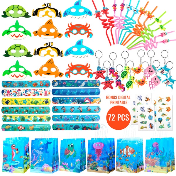 72 Pcs Under The Sea Party Favors, Set of 12 Ocean Animal Style Keychain Straw Stickers Treat Bags For Kids Sea Birthday Party Supply