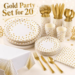 May include: A party set for 20 people, featuring white plates, cups, and napkins with gold polka dots. Includes gold-colored cutlery and a white tablecloth with gold dot accents. The text "Gold Party Set for 20" is displayed at the top.