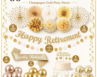 May include: A 36-piece retirement party decoration set in champagne gold. Includes paper fans, pom poms, a banner, garland, foil swirls, a sash, cake toppers, and balloons in rose gold, gold, white, and gold confetti.