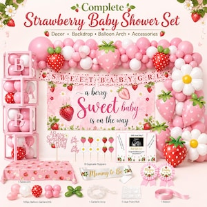 Peut inclure: Ensemble complet pour une baby shower sur le th&egrave;me de la fraise, avec des d&eacute;corations roses et blanches. Comprend une toile de fond, une arche de ballons, des accessoires, des d&eacute;corations de cupcakes et une nappe. Le texte "Sweet Baby" et "Mommy to Be".