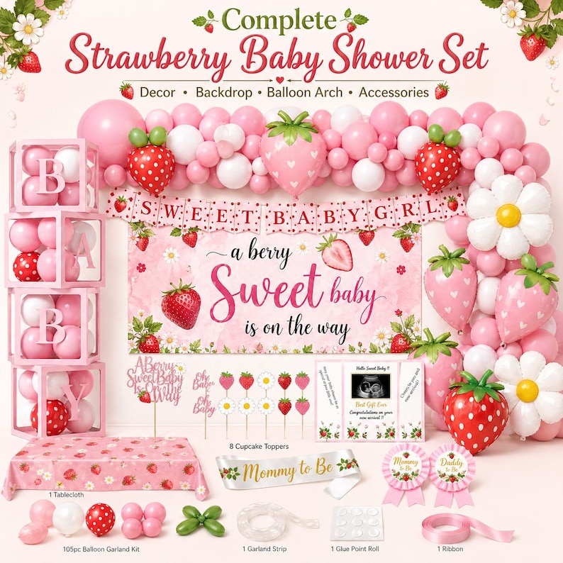 Peut inclure: Ensemble complet pour une baby shower sur le th&egrave;me de la fraise, avec des d&eacute;corations roses et blanches. Comprend une toile de fond, une arche de ballons, des accessoires, des d&eacute;corations de cupcakes et une nappe. Le texte "Sweet Baby" et "Mommy to Be".
