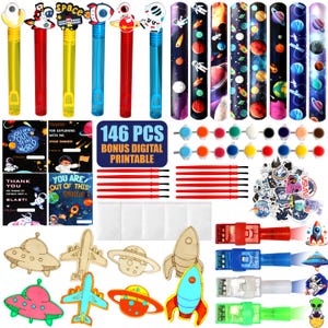 May include: A set of 146 space-themed party supplies, including 8 bubble wands, 10 colorful paint pots, 7 wooden craft shapes, 6 sticker sheets, 8 printable party favor tags, and 10 colorful space-themed fabric strips. The set also includes a printable digital bonus.