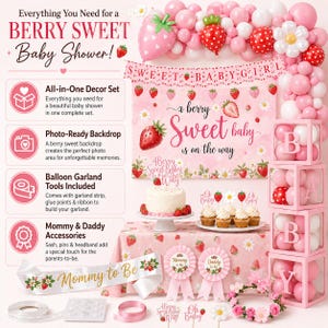 Peut inclure: Un ensemble de d&eacute;coration rose pour une baby shower sur le th&egrave;me de la fraise. Comprend une toile de fond, une guirlande de ballons, un g&acirc;teau, des cupcakes et des accessoires. Le texte dit "Berry Sweet Baby Shower!" et "Sweet Baby Girl."