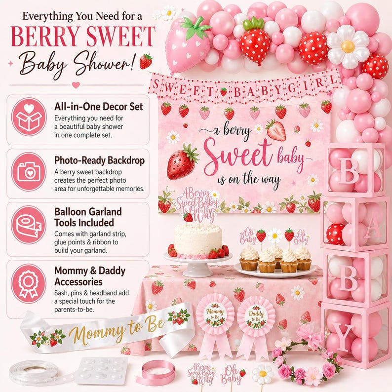 Peut inclure: Un ensemble de d&eacute;coration rose pour une baby shower sur le th&egrave;me de la fraise. Comprend une toile de fond, une guirlande de ballons, un g&acirc;teau, des cupcakes et des accessoires. Le texte dit "Berry Sweet Baby Shower!" et "Sweet Baby Girl."