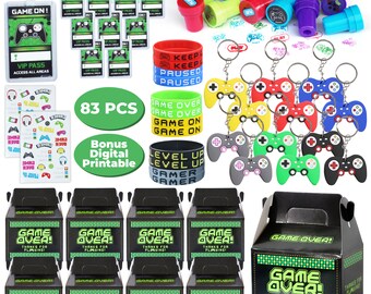 Video Game Party Favors - 12 set of Keychain, VIP Pass Holder, Wristband, Stampers, Tattoos and  Game On Themed Box for Gamer Boys Party