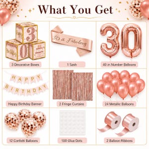 May include: A collection of party decorations in rose gold, including decorative boxes, a sash, number balloons, a banner, fringe curtains, metallic balloons, confetti balloons, glue dots, and ribbons. The text "What You Get" is at the top.