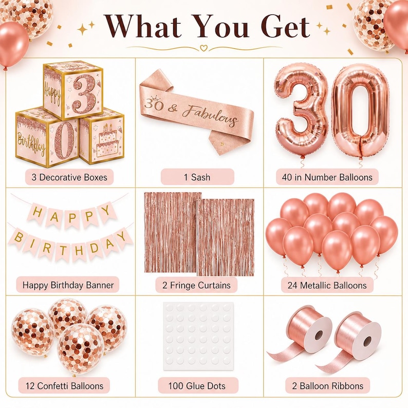 May include: A collection of party decorations in rose gold, including decorative boxes, a sash, number balloons, a banner, fringe curtains, metallic balloons, confetti balloons, glue dots, and ribbons. The text "What You Get" is at the top.