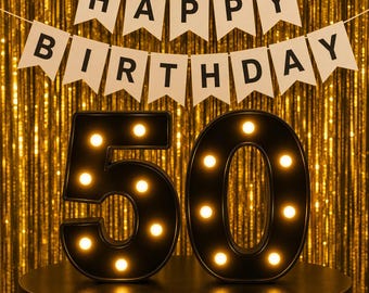 50th Birthday Decorations Black Light Up Numbers, Battery Operated 50 Number Sign, Warm LED Tabletop Party Decor