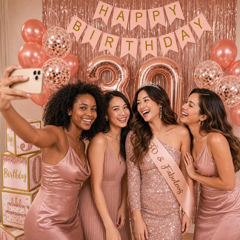 May include: Four women in rose-gold dresses pose for a selfie at a birthday party. The background includes balloons, a banner that says "Happy Birthday", and large number balloons. One woman wears a sash that says "30 & Fabulous".
