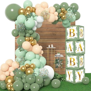 143 PCs Sage Green Baby Shower Decorations For Boy Or Girl, Rustic Gender Neutral Sage Balloon Garland Kit, BABY Boxes Blocks