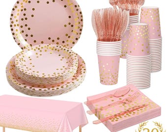 Pink & Gold Party Supplies Set: Plates, Cups, Tablecloth - Serves 20