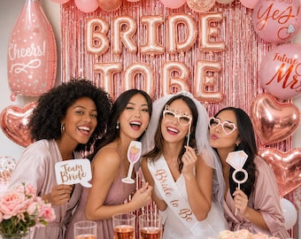 Rose Gold Bridal Shower Party Decorations Kit – Bride Balloons, Sash, Veil, Photo Props