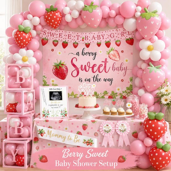 Strawberry Baby Shower Decorations Kit | A Berry Sweet Baby Balloon Arch, Backdrop, Cake Topper, Sash, Girl Party Decor Bundle