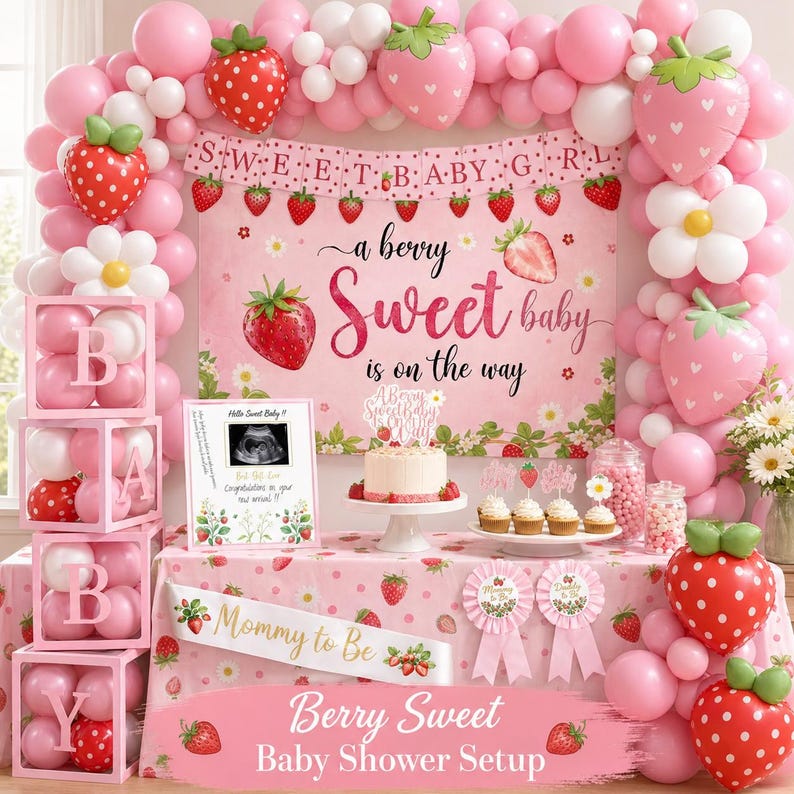 Peut inclure: D&eacute;coration de baby shower rose et blanche sur le th&egrave;me des fraises. La sc&egrave;ne comprend des ballons, une banni&egrave;re avec l'inscription "Sweet Baby Girl", un g&acirc;teau et une table avec le texte "Mommy to Be" et "Berry Sweet Baby Shower Setup".