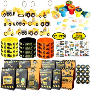 72 Pcs Construction Party Favors, Construction Theme Treat Bags Stampers Wristband Stickers for Kids Construction Trucks Birthday Supplies