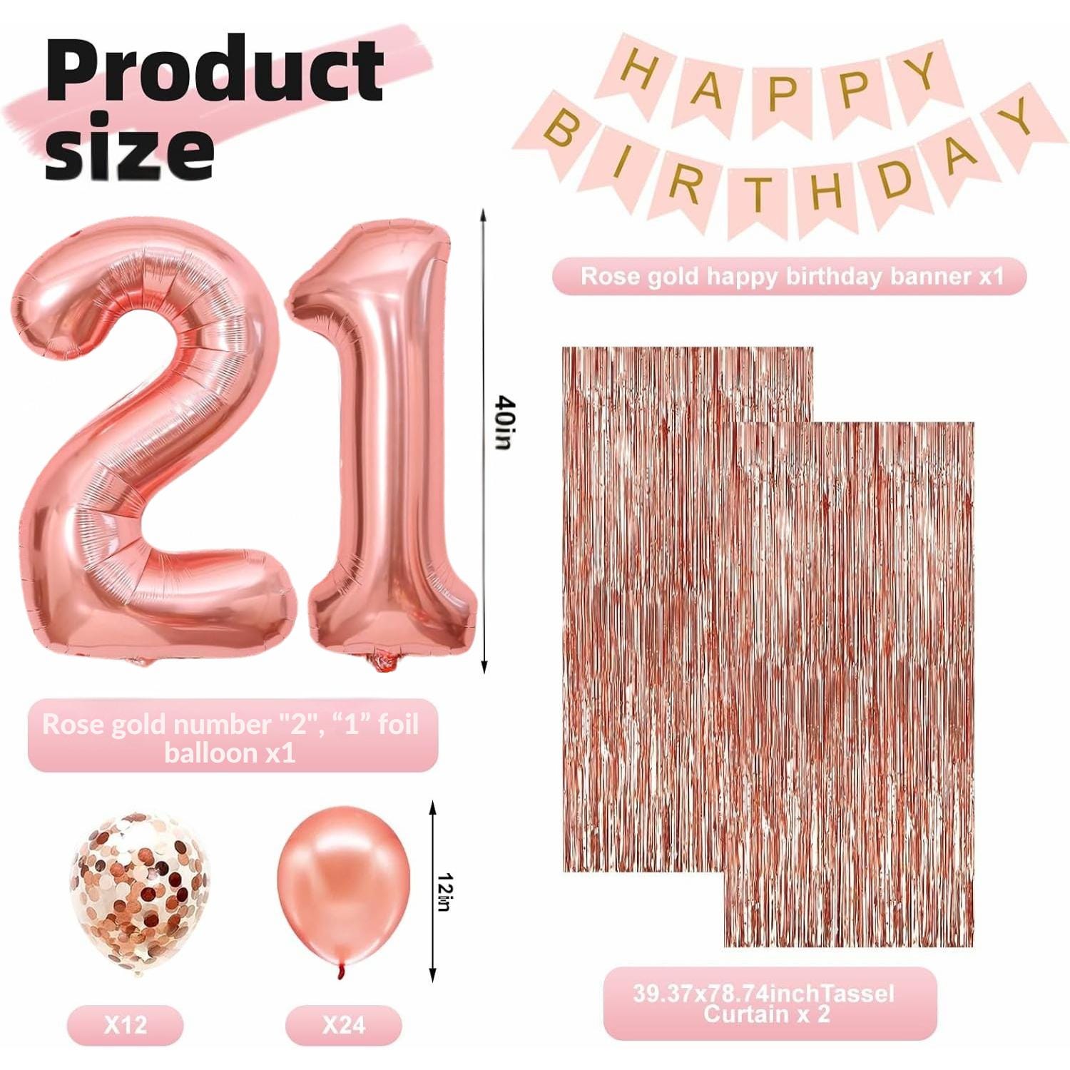 30 stuks verjaardagsfeestdecoraties voor de 21e verjaardag, roségoud om op te hangen, plafonddecoraties van glanzend aluminium, voor vrouwen, meisjes, verjaardag, tafeldecoratie