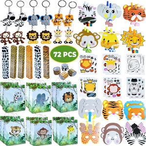 12 Set of Safari Animals Party Favors Treat Bags, Mask, Keychain, Tattoos for Kids 1st, 2nd, 3rd Wild Birthday Party