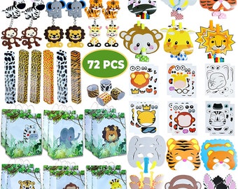 12 Set of Safari Animals Party Favors Treat Bags, Mask, Keychain, Tattoos for Kids 1st, 2nd, 3rd Wild Birthday Party