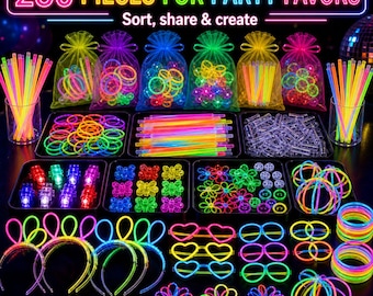 250PCS Glow in the Dark Party Supplies for Kids Adults, Headband, Rings, 100 Glow Sticks Bulk DIY Glow Glasses Bracelets, Neon Party Favors