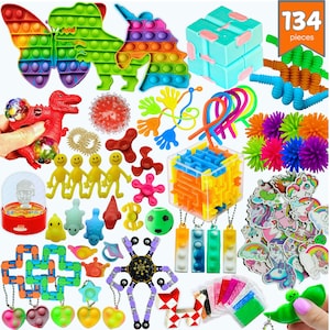 May include: A collection of 134 pieces of colorful fidget toys, including pop-its in butterfly, dinosaur, and unicorn shapes, along with stress balls, spinners, and puzzle cubes. The set includes a variety of textures and designs.