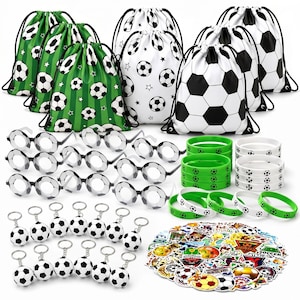 98 Pcs Soccer Party Favors Drawstring Bags ,Wristband, Keychains, Stickers, Sunglasses White Black Framefor Soccer Birthday Party Supplies