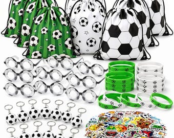 98 cadeaux de fête du football, sacs à cordon, bracelet, porte-clés, autocollants, lunettes de soleil, cadre blanc noir pour articles de fête d'anniversaire de football