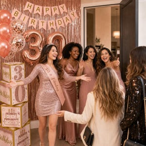 May include: A group of women celebrating a 30th birthday. The scene includes rose gold balloons, a banner that says "Happy Birthday", and a woman wearing a sash that says "30 & Fabulous". There are also decorative boxes with birthday cake designs.