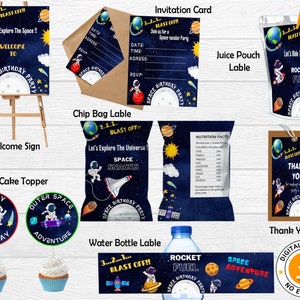 May include: A set of printable space-themed party decorations for a birthday party. The set includes a welcome sign, cupcake toppers, a chip bag label, a juice pouch label, a water bottle label, a thank you tag, and an invitation card. The decorations feature a blue and black colour scheme with stars, planets, and astronauts.