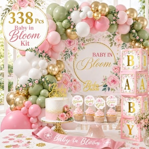 Baby in Bloom Shower Decorations – Floral Balloon Arch, Baby Boxes, Backdrop, Sash