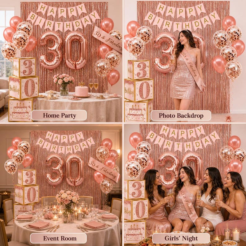 May include: A rose gold birthday party scene with balloons, banners, and decorations. The number "30" is prominently displayed. There are also decorative boxes with the number "3" and cake illustrations. The scene is set for a home party, photo backdrop, event room, and girls' night.