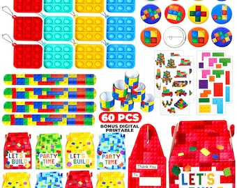 60 Pcs Building Blocks Party Favors For Kids, Set Of 12 Brick Style Keychain Wristband Treat Box Stickers for Building Blocks Birthday