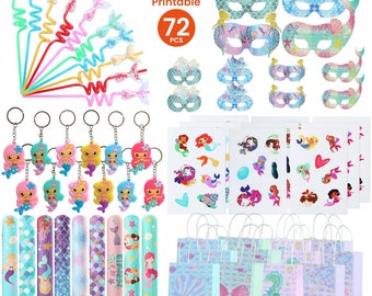 72 Pcs Mermaid Party Favors For Girl, 12 Set Princess Wristband Keychain Mask Straw Stickers Gift Bags for Girl Mermaid Birthday Supply