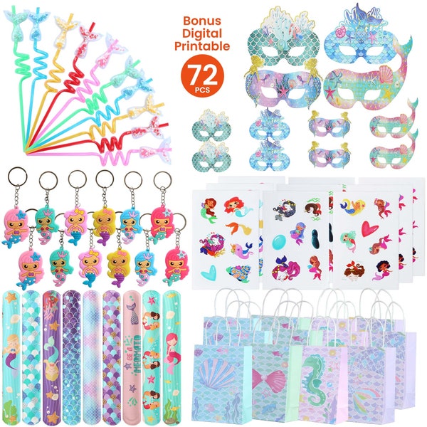 72 Pcs Mermaid Party Favors For Girl, 12 Set Princess Wristband Keychain Mask Straw Stickers Gift Bags for Girl Mermaid Birthday Supply