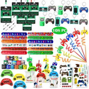 108 Pc Video Game Party Favors, Gamer Boys Party Favors- 12 set of Game On VIP Pass Keychain Wristband DIY Cup Straw Controller Thank Card