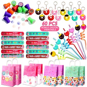 60 Pcs Donut Party Favors - 12 Sets of Donut Bags Keychain Donut Straw Slapband Stamps for Kids Sweet Doughnut Theme Birthday Party