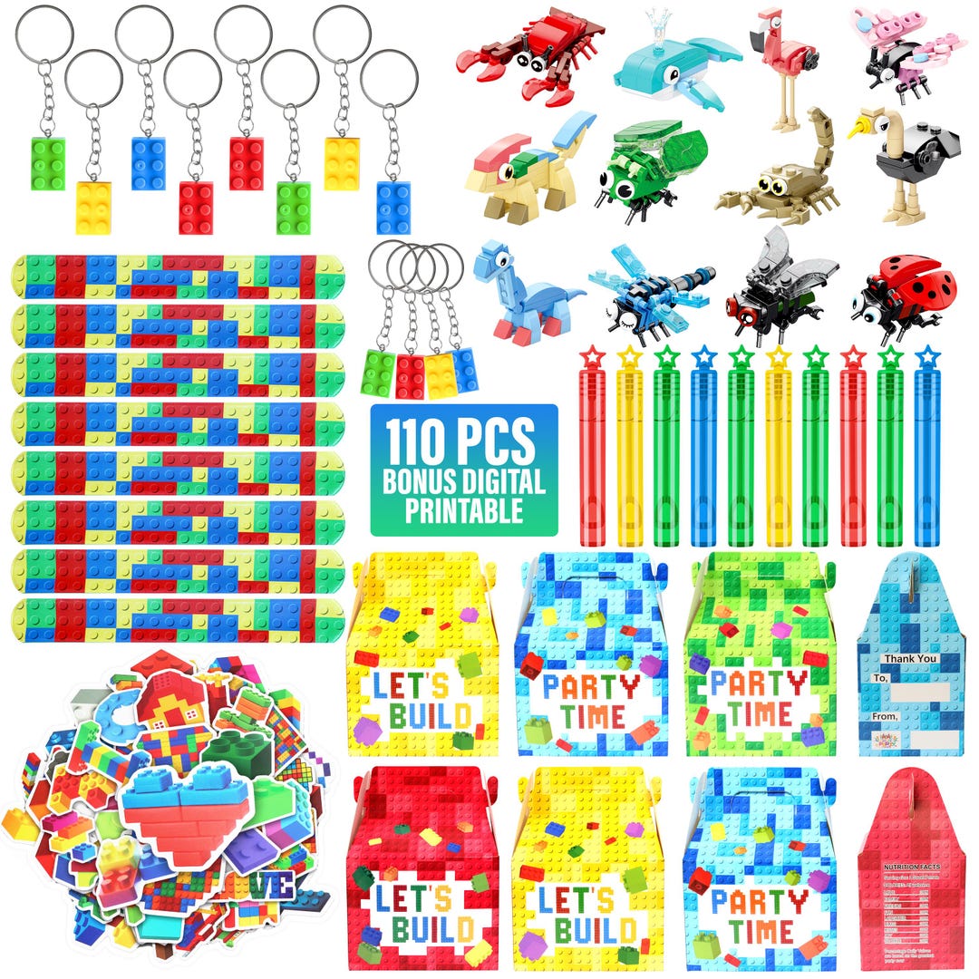 Building Blocks Party Favors: Keychains, Wristbands, Stickers, Bubbles ...