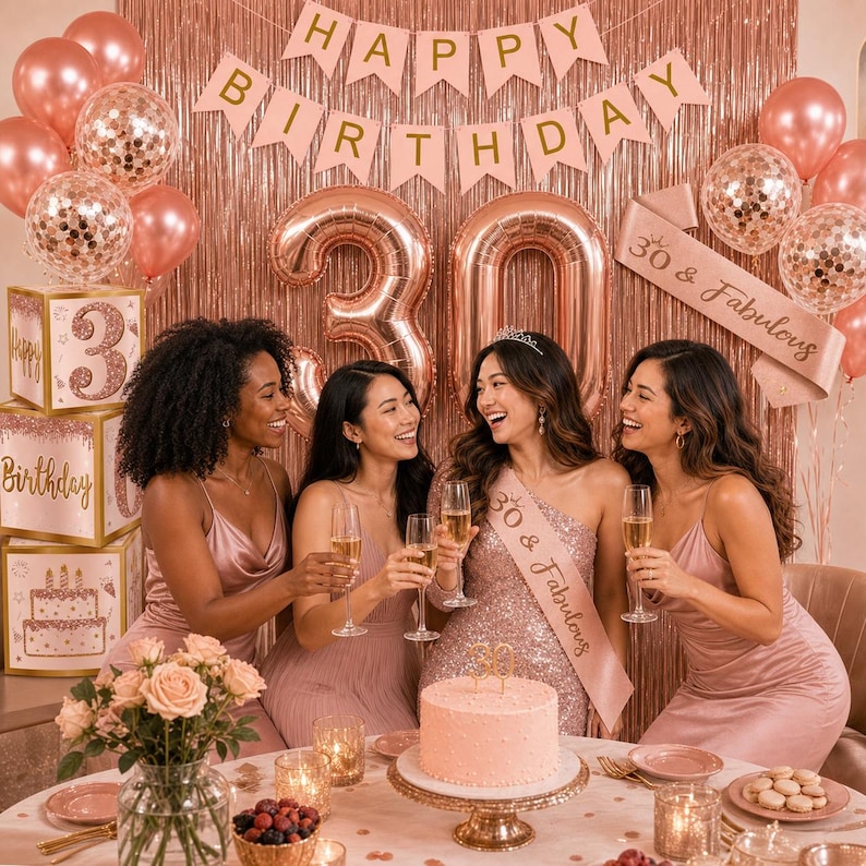 May include: A celebratory scene with four women toasting champagne glasses. The setting includes rose gold balloons, a banner reading "Happy Birthday," and a cake. The theme is a 30th birthday celebration.
