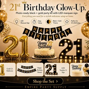 May include: A party decoration set for a 21st birthday celebration. The kit includes gold and black balloons, a cake, a banner that says "Happy Birthday", and a marquee sign with the number 21. The theme is black and gold.