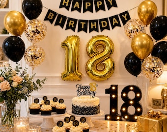 18th Birthday Decorations | Black Gold LED Marquee Number Sign, Balloons, Banner, Cake Topper
