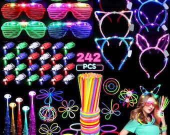 Glow in the Dark Party Supplies: LED Glasses, Headbands, Glow Sticks (242PCS Total)