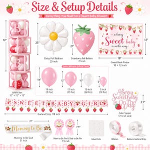 Peut inclure: Un ensemble de d&eacute;corations de baby shower avec des ballons roses et blancs, un ballon en forme de marguerite (63,5 cm) et un ballon en forme de fraise (53,3 cm). Comprend une banni&egrave;re "Sweet Baby", une affiche de livre d'or (45,7 x 30,5 cm) et un ruban "Mommy to Be" (78,7 cm).