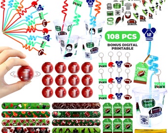 Football Party Favors 108 PCS Football Spinner Slap Bracelet Keychain Stickers Straws Thank You Card Cup for Kids Birthday Supply Rewards
