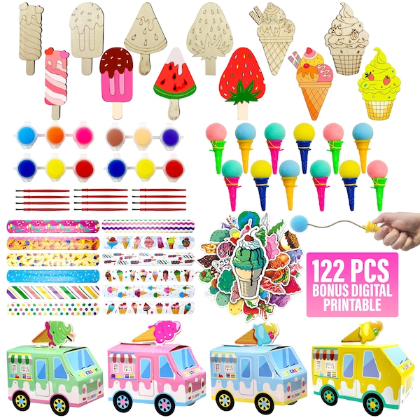 Artículos para fiestas temáticas de helados: Kit de pintura de madera, varita para hacer burbujas, caja para dulces (122 piezas)