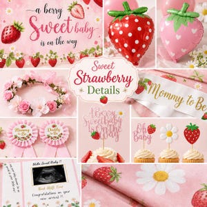 Peut inclure: Ensemble de d&eacute;corations de baby shower sur le th&egrave;me de la fraise. Comprend des ballons fraises roses et rouges, une couronne florale, des d&eacute;corations de cupcakes et une &eacute;charpe avec l'inscription "Mommy to Be". Le texte "a berry Sweet baby is on the way" est &eacute;galement visible.